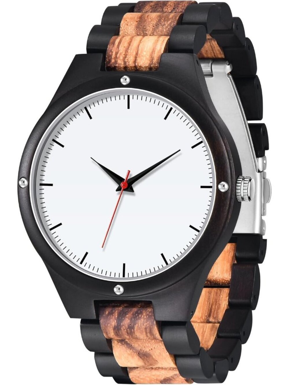 Men's Black White Handmade Lightweight Analog Quartz Round Wrist Wooden Watch